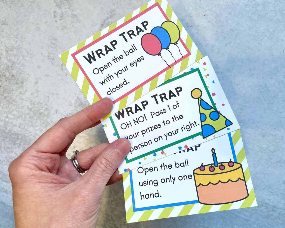 Printable Saran Wrap Ball Game Challenge Cards birthday Edition