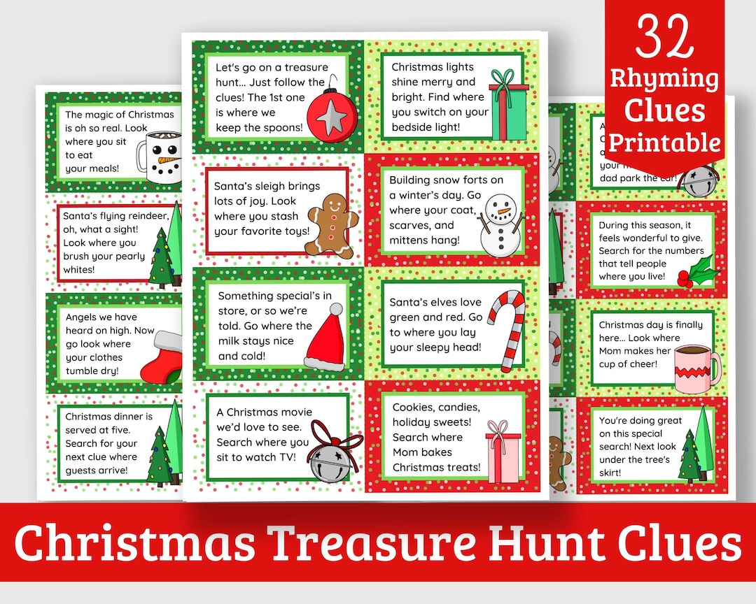Christmas Scavenger Hunt Clues 32 Printable Rhyming Christmas Treasure Hunt Clues for Indoors Christmas Scavenger Hunt Clues 32 Printable Rhyming Christmas Treasure Hunt Clues for Indoors