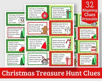 May include: A printable set of 32 Christmas treasure hunt clues with rhyming verses. Each clue is illustrated with a festive image, such as a snowman, a stocking, a candy cane, and a gingerbread man. The clues are printed on red and green cards with white polka dots.