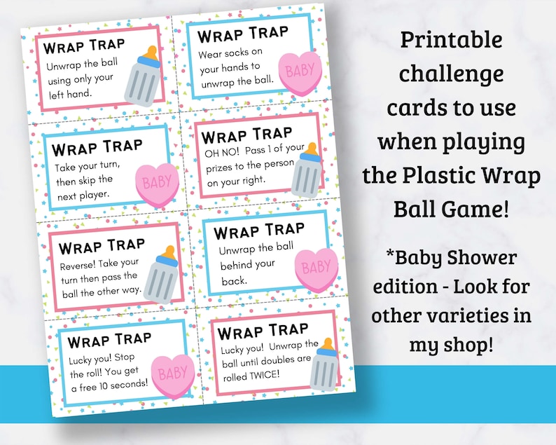 Printable Saran Wrap Ball Game Challenge Cards baby Shower Edition