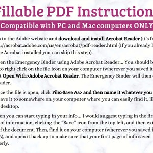 Op de afbeelding: Instructies voor het invullen van een PDF-document met behulp van Adobe Acrobat Reader. De instructies zijn compatibel met pc's en Macs. De instructies omvatten stappen voor het downloaden en installeren van Adobe Acrobat Reader, het openen van het document, het opslaan van het document en het invoeren van informatie.