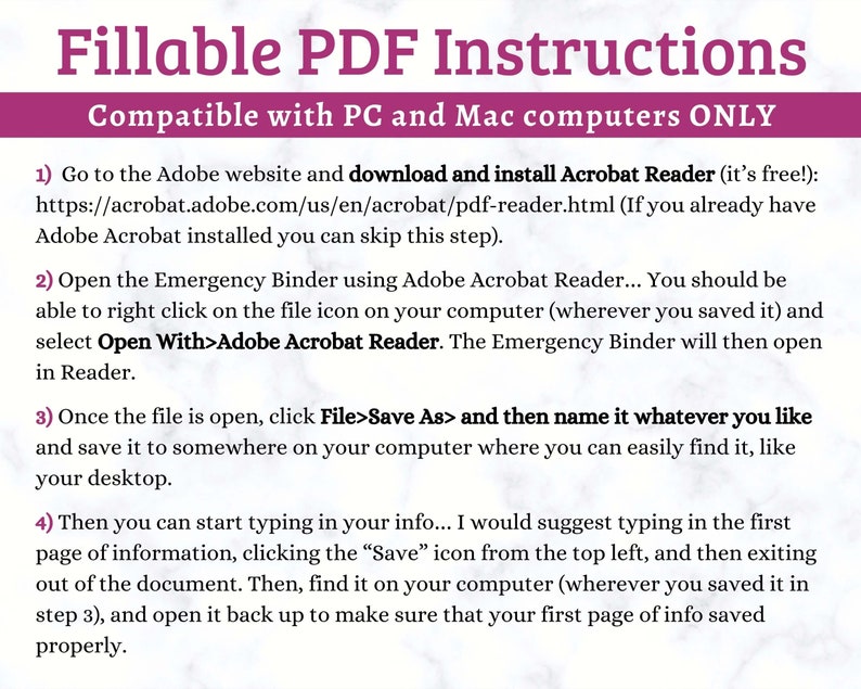 Op de afbeelding: Instructies voor het invullen van een PDF-document met behulp van Adobe Acrobat Reader. De instructies zijn compatibel met pc's en Macs. De instructies omvatten stappen voor het downloaden en installeren van Adobe Acrobat Reader, het openen van het document, het opslaan van het document en het invoeren van informatie.