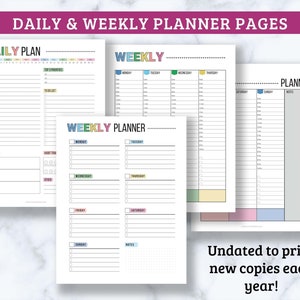 May include: Printable daily and weekly planner pages with colorful headings. The pages are undated, allowing you to use them for any year.