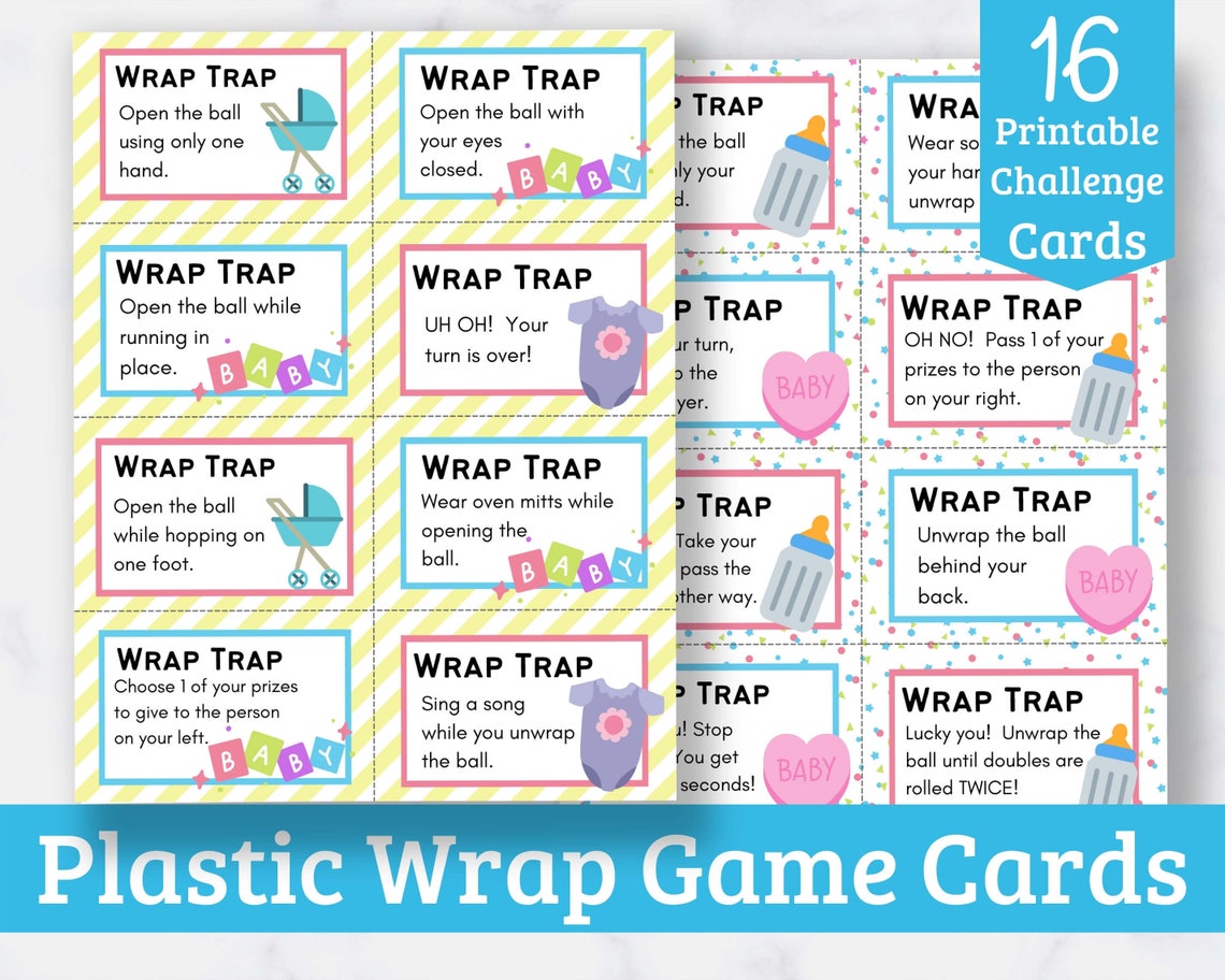 Printable Saran Wrap Ball Game Challenge Cards baby Shower Edition