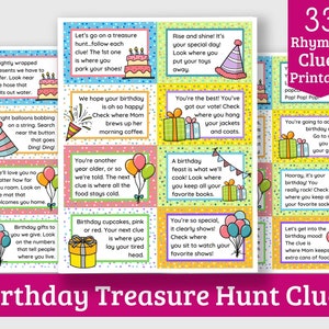Birthday Scavenger Hunt Clues for Kids - 33 Printable Rhyming Birthday Treasure Hunt Clues for Indoors and Outdoors