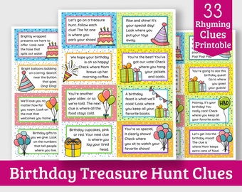 Birthday Scavenger Hunt Clues for Kids - 33 Printable Rhyming Birthday Treasure Hunt Clues for Indoors and Outdoors