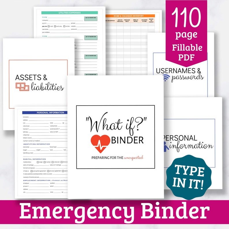 Op de afbeelding: Een 110 pagina's tellende printbare noodmap met een rood hart en de tekst "What if? Binder" in wit. De map is gelabeld met "Preparing for the unexpected". De map bevat secties voor persoonlijke informatie, activa en passiva, nutsvoorzieningen, inventaris van huis en waardevolle spullen, gebruikersnamen en wachtwoorden, en een sectie voor "Type in it!"
