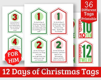 12 Days of Christmas Gift Tags for Him - Printable Gift Tags - 36 Different Printable Tags for 12 Days of Christmas Gifts