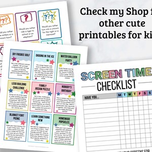 May include: A printable checklist for screen time for kids. The checklist has a grid with days of the week and rows for activities. The title is "Screen Time Checklist" in colorful letters.