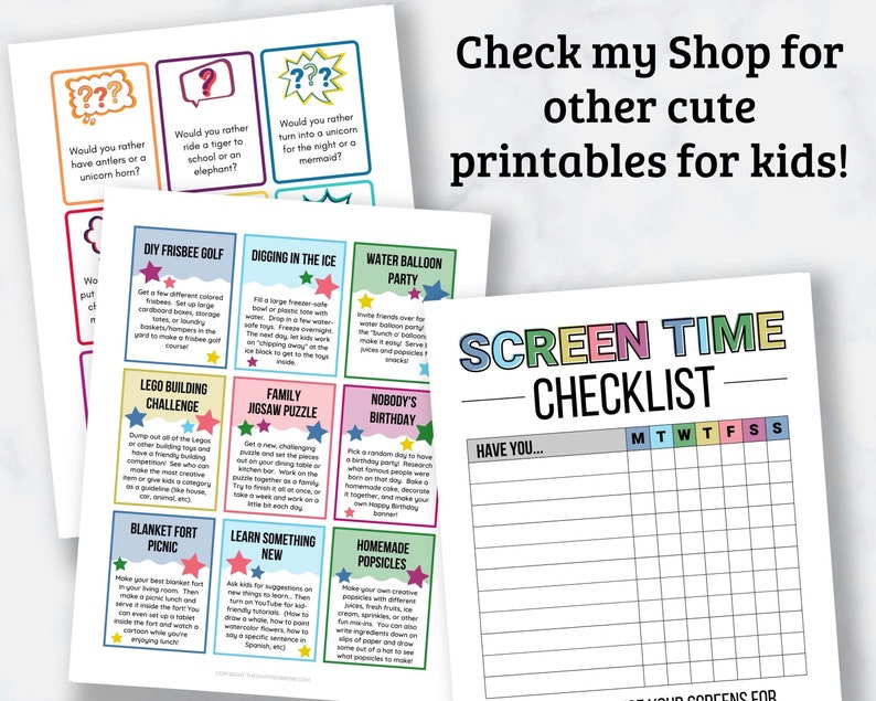 May include: A printable checklist for screen time for kids. The checklist has a grid with days of the week and rows for activities. The title is "Screen Time Checklist" in colorful letters.