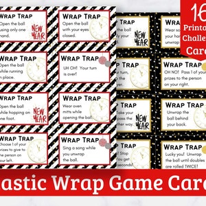 Cartes de défi imprimables du jeu Saran Wrap Ball (édition du Nouvel An) - Cartes imprimables à ajouter à votre balle en plastique - 16 défis amusants !