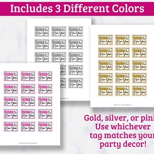 May include: Printable New Year's Eve party favor tags in gold, silver, and pink. Each tag says "Ring in the New Year".
