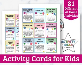 May include: 81 colourful activity cards for kids with a star-shaped design. The cards feature different activities for kids to do at home, such as making paper aeroplanes, drawing, playing games, and doing crafts. The text on the cards is in black and white, and the stars are in various colours.