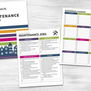 May include: A printable home maintenance planner with a checklist of monthly, quarterly, semi-annually, and yearly tasks. The planner includes a calendar with spaces to mark off tasks for each month of the year.