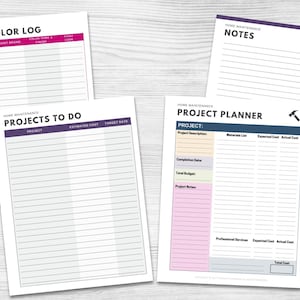 May include: Printable home maintenance planner with sections for paint color log, projects to do, and project planner. The planner includes columns for project name, estimated cost, target date, project description, materials list, expected cost, actual cost, completion date, total budget, and project notes.