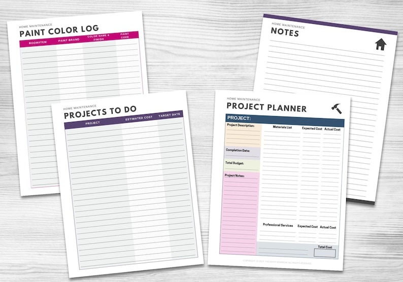May include: Printable home maintenance planner with sections for paint color log, projects to do, and project planner. The planner includes columns for project name, estimated cost, target date, project description, materials list, expected cost, actual cost, completion date, total budget, and project notes.
