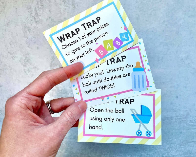 Printable Saran Wrap Ball Game Challenge Cards baby Shower Edition