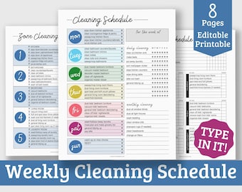 Weekly Cleaning Schedule Printable Template - Editable Cleaning Schedule - Bonus Meal Plan - 8 Page PDF