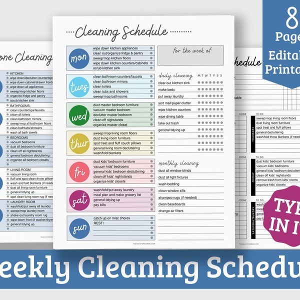 Weekly Cleaning Schedule Printable Template - Editable Cleaning Schedule - Bonus Meal Plan - 8 Page PDF