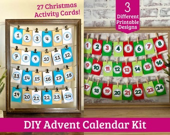 May include: A DIY Advent calendar kit with 27 printable Christmas activity cards. The kit includes three different designs: blue and white, red and green, and brown and white. The cards are hung on a string with clothespins.