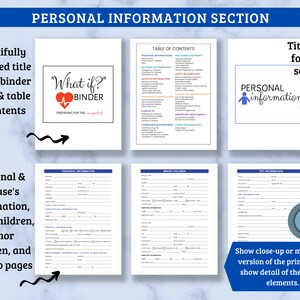 Op de afbeelding: Een printbare map met een blauw-wit ontwerp. De omslag heeft een rood hart met een wit kruis en de tekst "What if? Binder" in zwart. De inhoudsopgave bevat secties voor persoonlijke informatie, noodinformatie en belangrijke documenten. De map is ontworpen om mensen te helpen zich voor te bereiden op onverwachte gebeurtenissen.