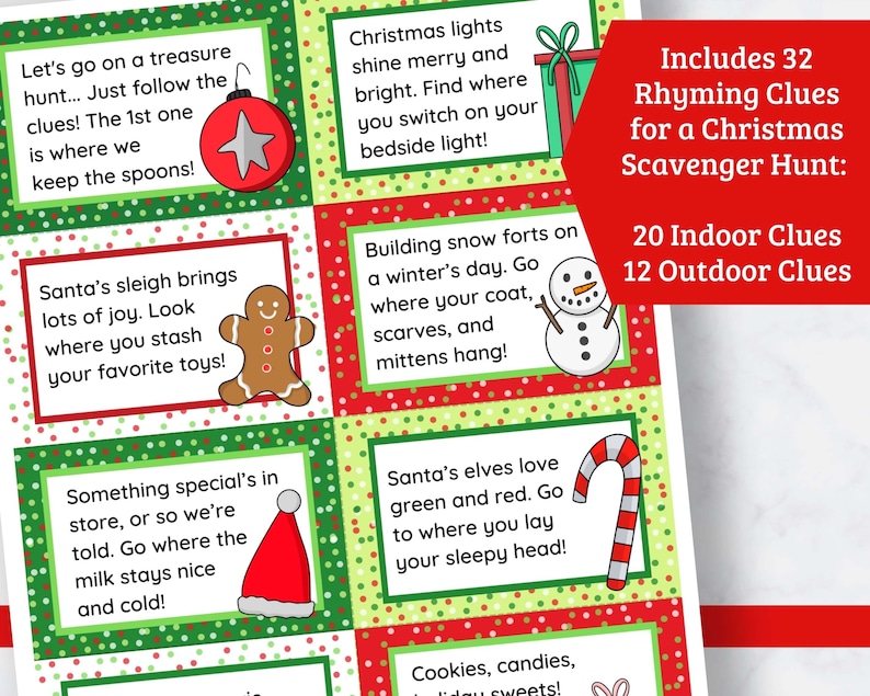 Christmas Scavenger Hunt Clues - 32 Printable Rhyming Christmas ...