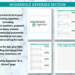 Op de afbeelding: Een printbare huishoudelijke uitgaven tracker met secties voor huisvesting, nutsvoorzieningen en maandelijkse uitgaven in &eacute;&eacute;n oogopslag. De pagina bevat een titel die "HOUSEHOLD expenses" zegt.