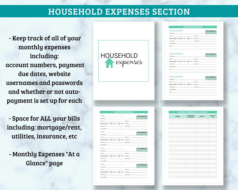 Op de afbeelding: Een printbare huishoudelijke uitgaven tracker met secties voor huisvesting, nutsvoorzieningen en maandelijkse uitgaven in &eacute;&eacute;n oogopslag. De pagina bevat een titel die "HOUSEHOLD expenses" zegt.