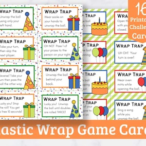 Printable Saran Wrap Ball Game Challenge Cards (Birthday Edition) - Printable Cards to Add to Your Plastic Wrap Ball - 16 Fun Challenges