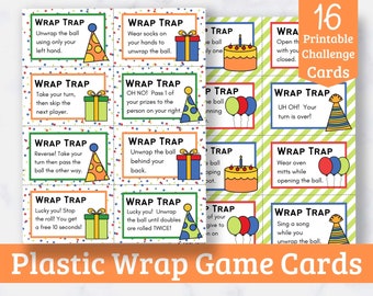 Afdrukbare Saran Wrap Ball Game Challenge Cards (verjaardagseditie) - Printbare kaarten om toe te voegen aan je plastic wikkelbal - 16 leuke uitdagingen