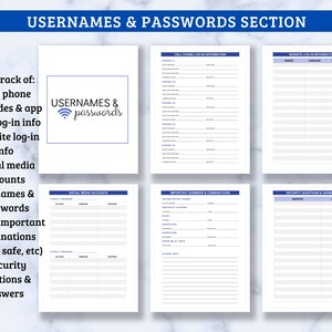Op de afbeelding: Een printbaar blad met een blauw-wit ontwerp, getiteld "USERNAMES & PASSWORDS SECTION". Het blad is verdeeld in secties om gebruikersnamen en wachtwoorden voor mobiele telefoons, websites, sociale media-accounts en andere belangrijke combinaties bij te houden. Het bevat ook een sectie voor beveiligingsvragen en -antwoorden.