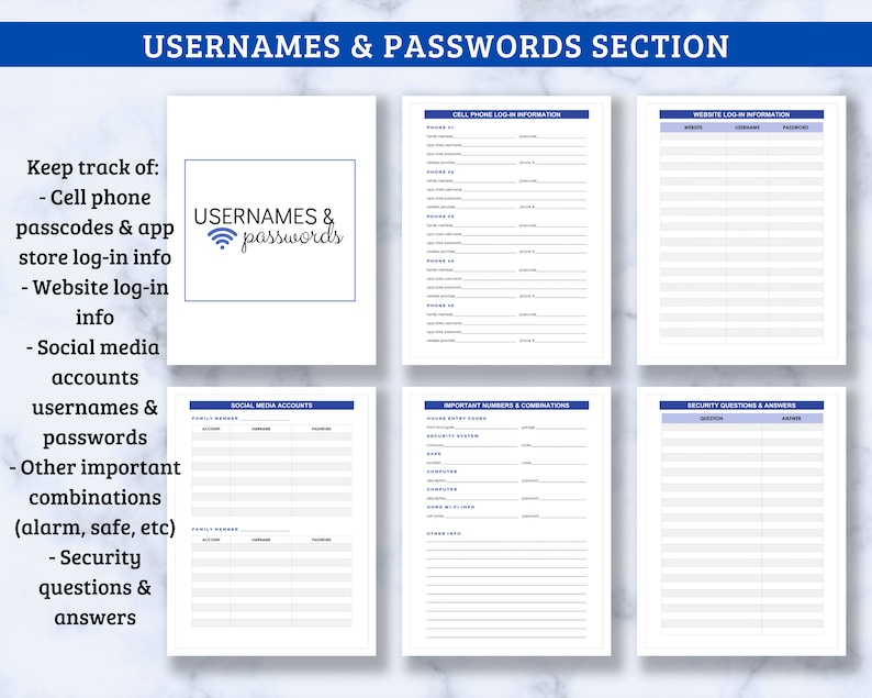 Op de afbeelding: Een printbaar blad met een blauw-wit ontwerp, getiteld "USERNAMES & PASSWORDS SECTION". Het blad is verdeeld in secties om gebruikersnamen en wachtwoorden voor mobiele telefoons, websites, sociale media-accounts en andere belangrijke combinaties bij te houden. Het bevat ook een sectie voor beveiligingsvragen en -antwoorden.