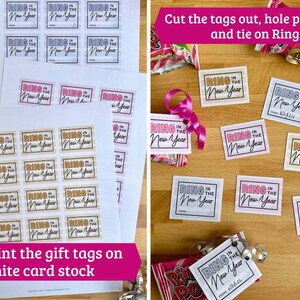 May include: Printable gift tags with the text "Ring in the New Year" in various colors and patterns. The tags are designed to be attached to Ring Pops candy for a fun New Year's Eve party favor.