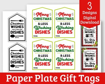 Paper Plate Christmas Gift Tags for "Less Dishes" Neighbor Gifts - Printable "Less Dishes" Christmas Gift Tags - 3 Designs!