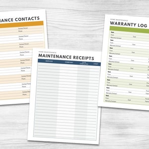 May include: Three printable home maintenance log sheets. The first sheet is titled "Maintenance Contacts" and has fields for company, service provided, email, contact person, and phone. The second sheet is titled "Maintenance Receipts" and has fields for service, company, date completed, and cost. The third sheet is titled "Warranty Log" and has fields for item, warranty contact, cost, purchase date, and expiration date.