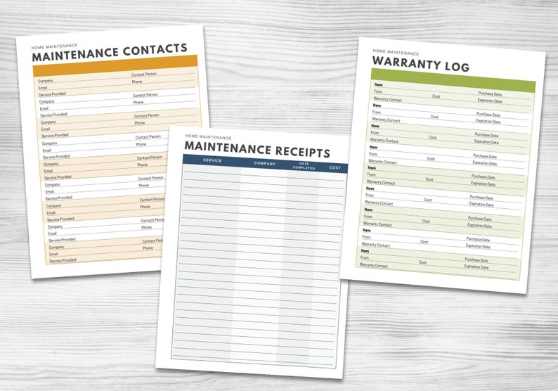 May include: Three printable home maintenance log sheets. The first sheet is titled "Maintenance Contacts" and has fields for company, service provided, email, contact person, and phone. The second sheet is titled "Maintenance Receipts" and has fields for service, company, date completed, and cost. The third sheet is titled "Warranty Log" and has fields for item, warranty contact, cost, purchase date, and expiration date.