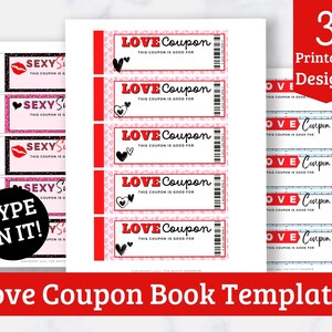 May include: Three printable designs for love coupon books. Each design features a different pattern of hearts and the text "LOVE Coupon" with the words "This coupon is good for" below. The first design has a pink and white heart pattern, the second design has a blue and white stripe pattern, and the third design has a black and white glitter pattern.