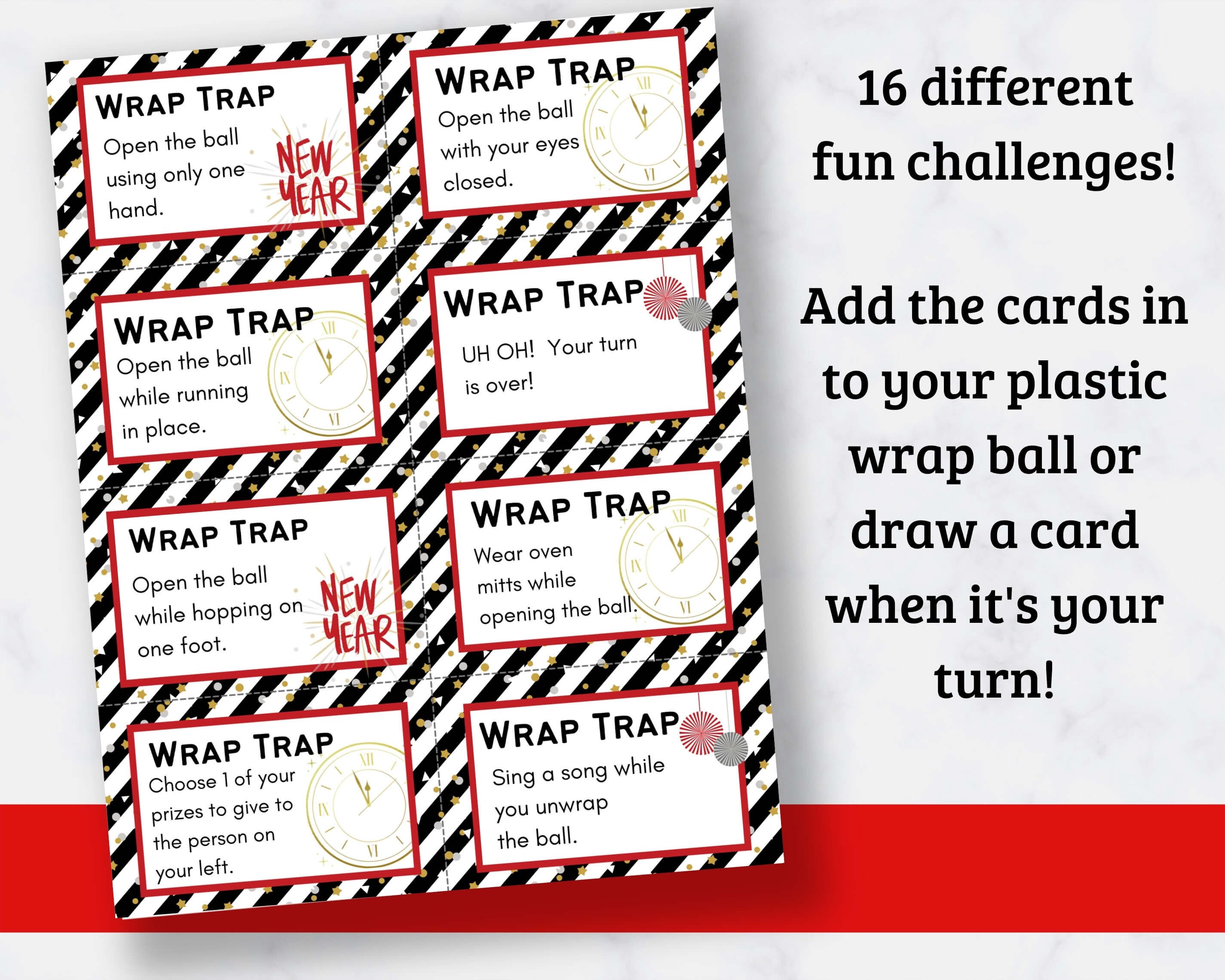 Printable Saran Wrap Ball Game Challenge Cards New Year s Edition 