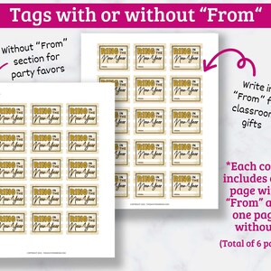 May include: Printable New Year's gift tags with and without a "From" section. The tags feature a gold and black "Ring in the New Year" design on a beige and white striped background. There are six pages total, three with the "From" section and three without.