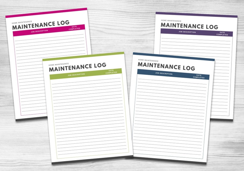May include: Four printable home maintenance log templates in different colors: pink, green, blue, and purple. Each template has a header that says "Home Maintenance Log" and includes sections for "Job Description" and "Date Completed".