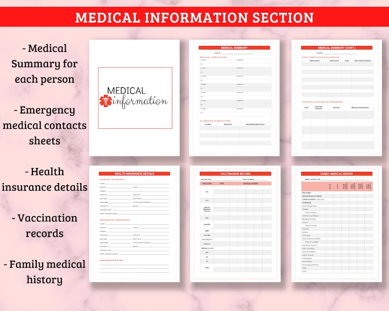 Op de afbeelding: Een afdrukbare sectie met medische informatie met secties voor medische samenvatting, gezondheidsverzekeringsgegevens, vaccinatieregisters en familiegeschiedenis. Het document is ontworpen om te helpen bij het organiseren van belangrijke medische informatie.