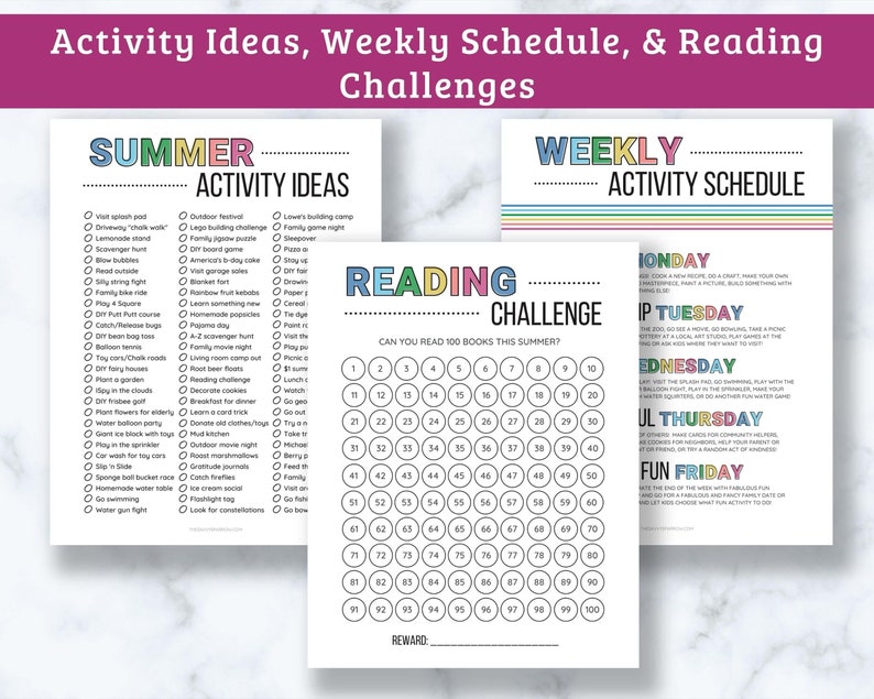 May include: A printable summer activity planner with a colorful design. The planner includes a list of summer activities, a weekly schedule, and a reading challenge to read 100 books. The text "Summer Activity Ideas", "Weekly Activity Schedule", and "Reading Challenge" are included in the image.