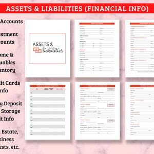 Op de afbeelding: Een printbaar werkblad voor het bijhouden van activa en passiva. Het werkblad is onderverdeeld in secties voor bankrekeningen, beleggingsrekeningen, inventaris van huis en waardevolle spullen, creditcards, informatie over kluizen en opslagunits, en onroerend goed en zakelijke belangen.