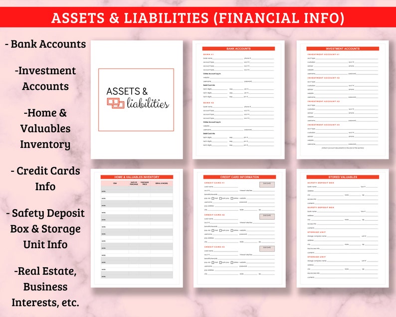Op de afbeelding: Een printbaar werkblad voor het bijhouden van activa en passiva. Het werkblad is onderverdeeld in secties voor bankrekeningen, beleggingsrekeningen, inventaris van huis en waardevolle spullen, creditcards, informatie over kluizen en opslagunits, en onroerend goed en zakelijke belangen.