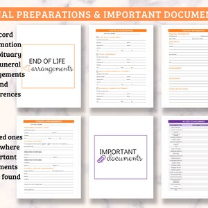 Op de afbeelding: Een printbaar werkblad met de titel "Final Preparations & Important Documents". Het werkblad is verdeeld in vier secties: "End of Life Directives", "Overlijdensbericht", "Begrafenisregelingen" en "Toegang tot documenten". Elke sectie bevat een lijst met vragen en ruimte voor antwoorden. Het werkblad is ontworpen om mensen te helpen bij het plannen van hun zorg aan het einde van hun leven en om ervoor te zorgen dat hun dierbaren de informatie hebben die ze nodig hebben.