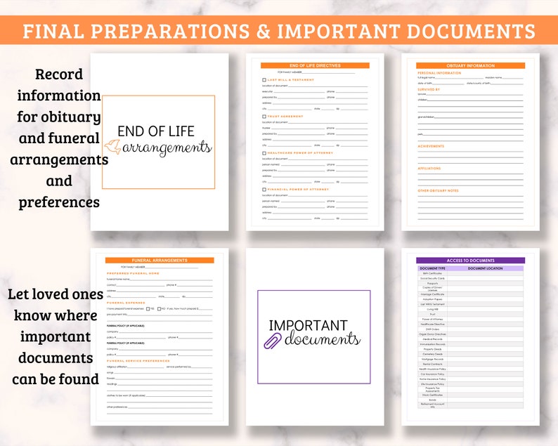 Op de afbeelding: Een printbaar werkblad met de titel "Final Preparations & Important Documents". Het werkblad is verdeeld in vier secties: "End of Life Directives", "Overlijdensbericht", "Begrafenisregelingen" en "Toegang tot documenten". Elke sectie bevat een lijst met vragen en ruimte voor antwoorden. Het werkblad is ontworpen om mensen te helpen bij het plannen van hun zorg aan het einde van hun leven en om ervoor te zorgen dat hun dierbaren de informatie hebben die ze nodig hebben.