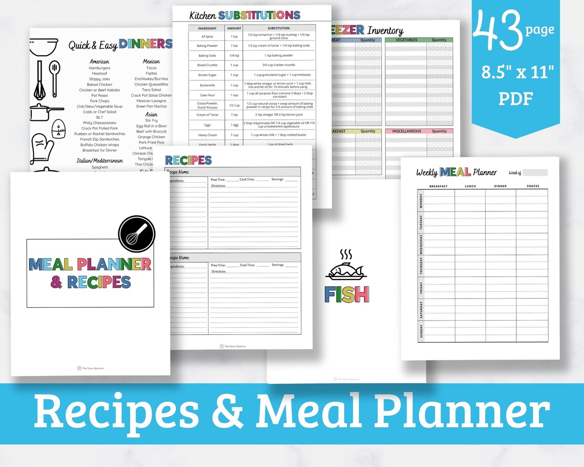 Recipe and Meal Planner Binder - Printable Recipe Binder - Meal Planner ...