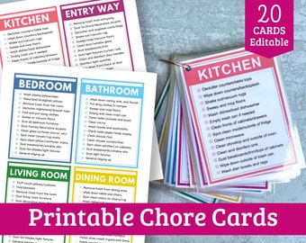 Editable Cleaning Chore Cards - Printable Cleaning Checklist Cards for Room by Room Cleaning - Type in them!