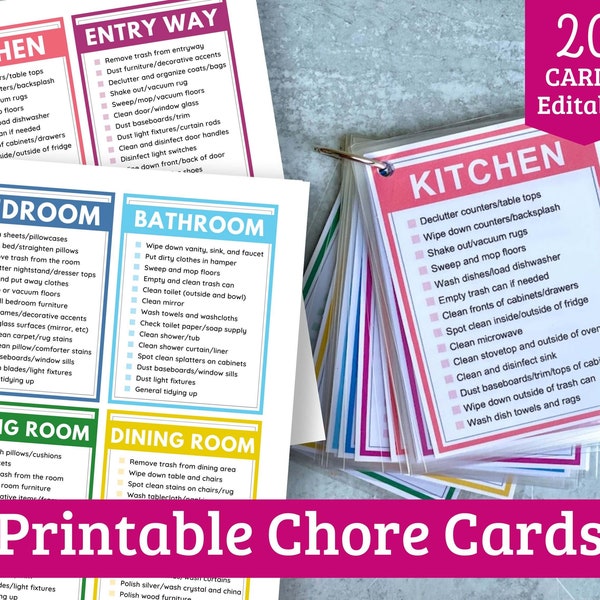 Editable Cleaning Chore Cards - Printable Cleaning Checklist Cards for Room by Room Cleaning - Type in them!