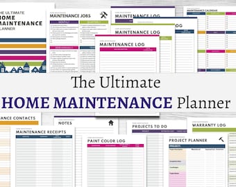 May include: The Ultimate Home Maintenance Planner printable set includes forms for tracking maintenance jobs, receipts, contacts, notes, projects, warranties, and a calendar. The planner features a colourful design with a house icon and the text "The Ultimate Home Maintenance Planner".